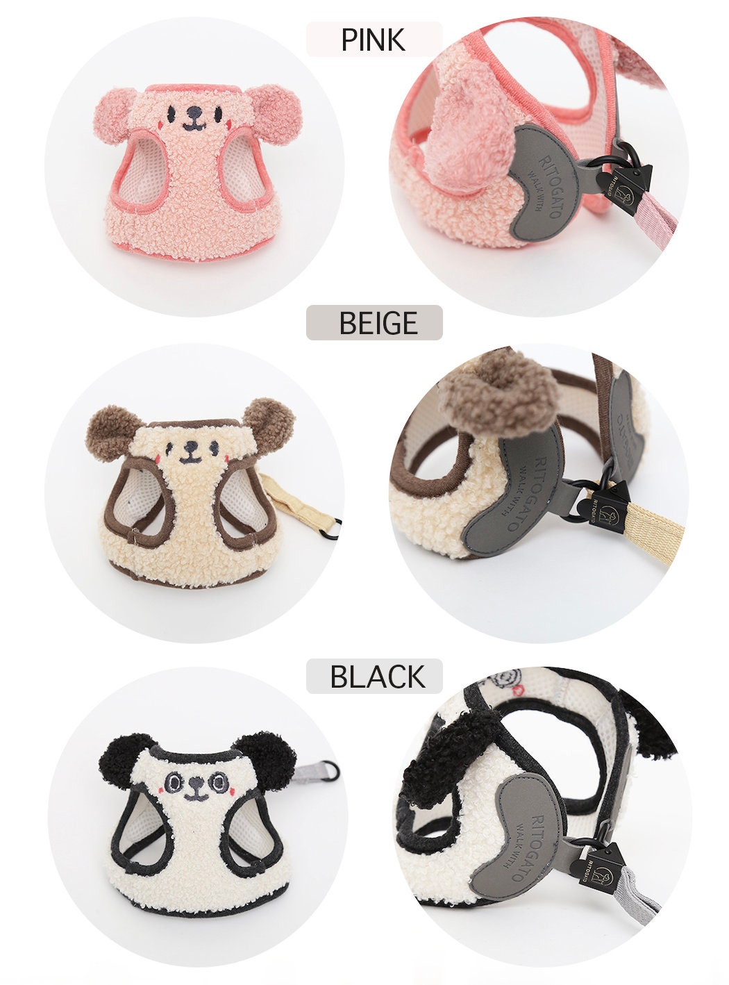 NKpup Mesh Fleece Harness in pink, beige, and black with cute animal ear details.
