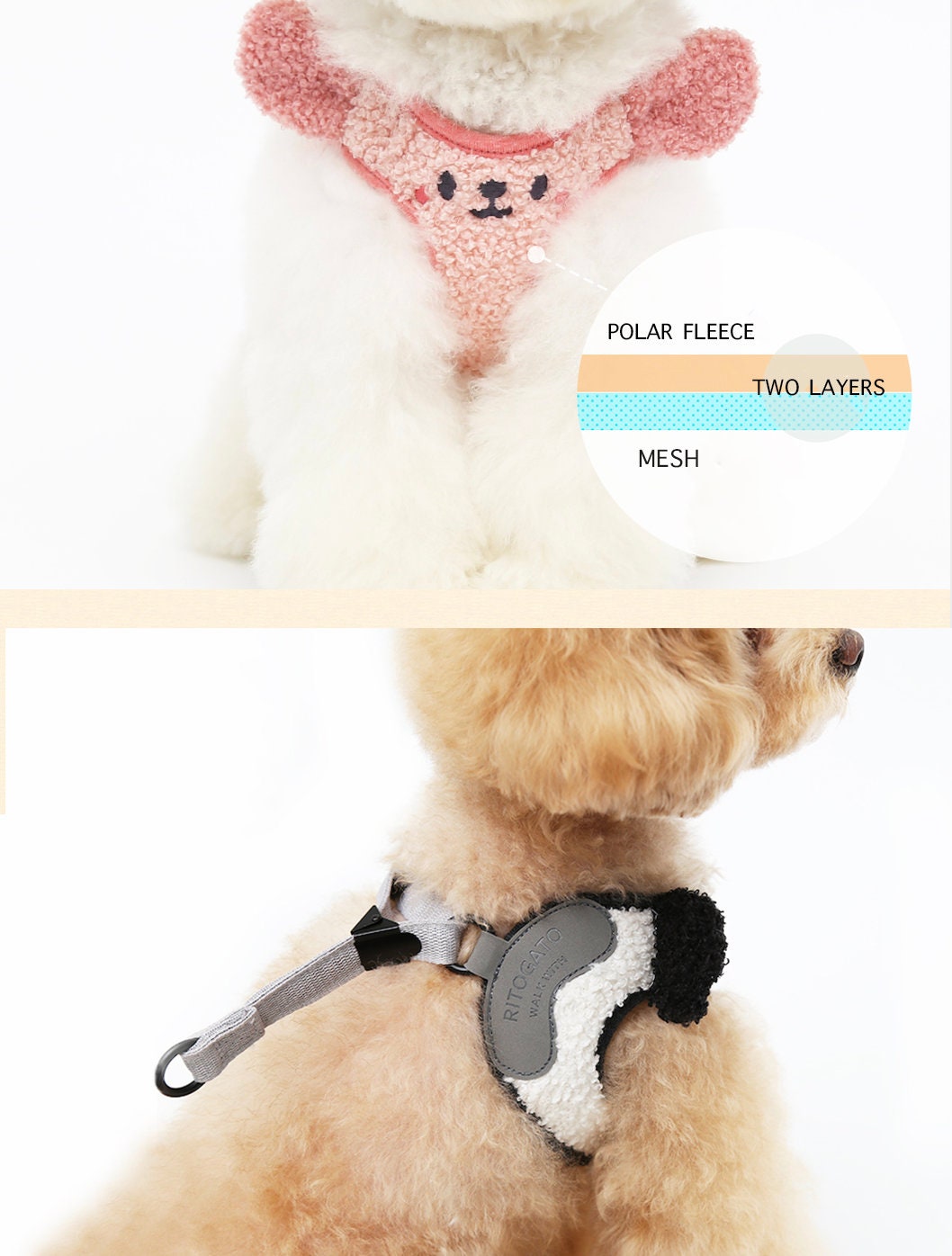NKpup Mesh Fleece Harness in pink bear design and grey and white colorways.