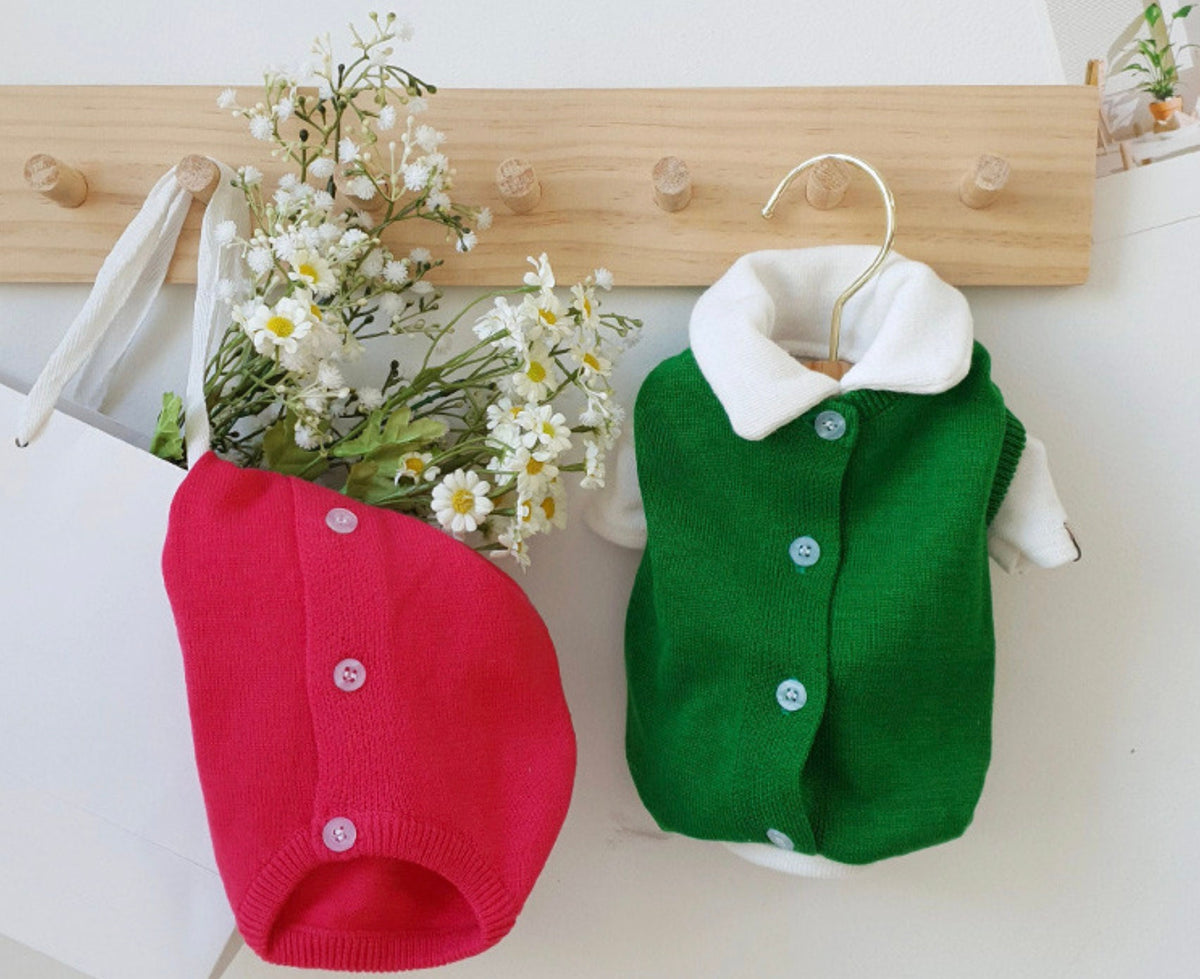 NKpup vivid knit dog cardigan vest in bright pink and green with white collars and buttons.