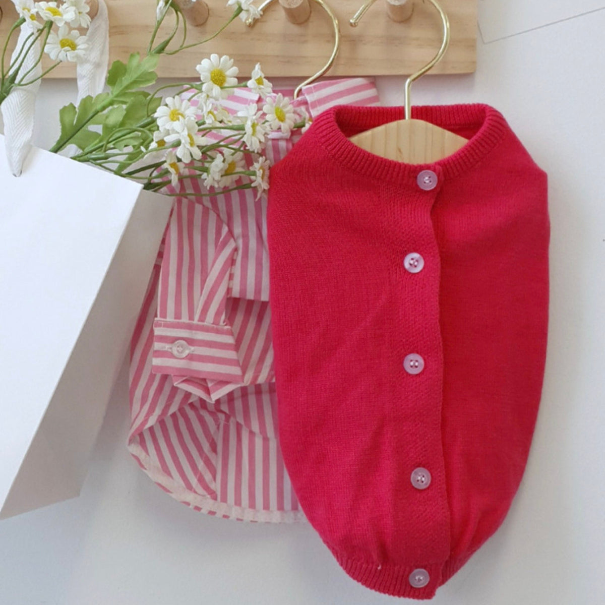 Vivid pink knit dog cardigan vest with button details