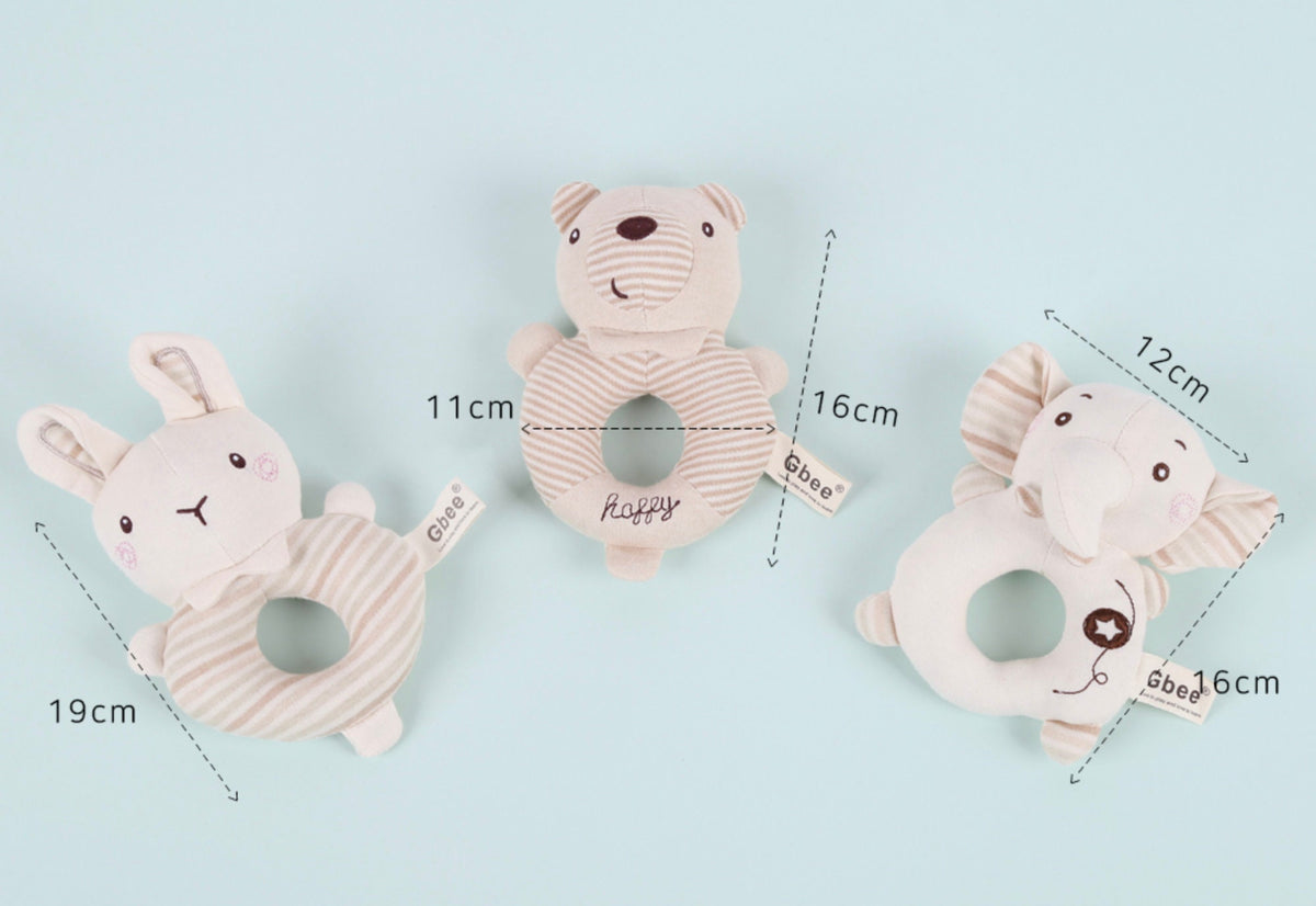 Set of three organic ring pet toys featuring a rabbit, bear, and elephant in neutral beige tones.