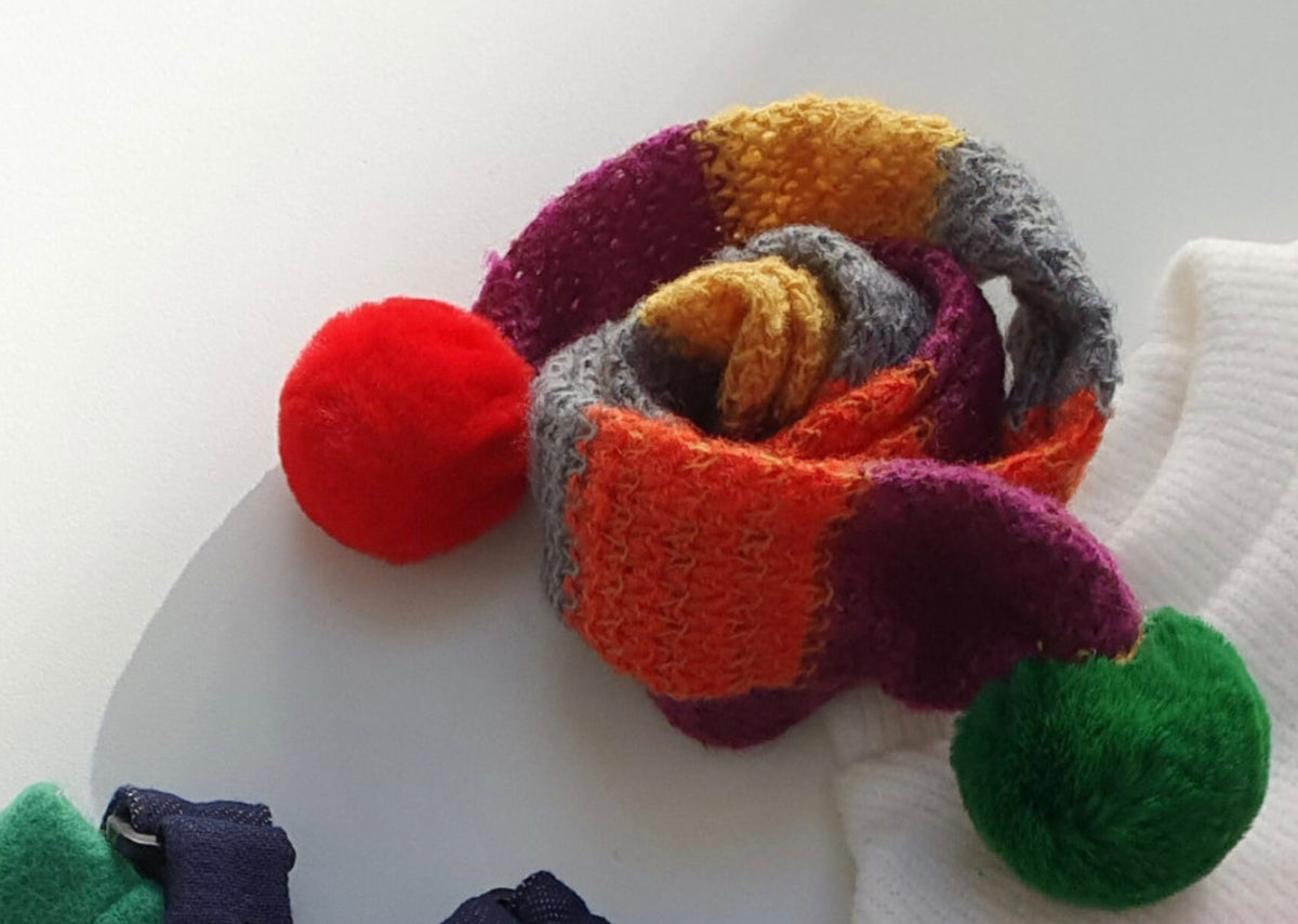 NKpup Christmas color block dog scarf with red and green pom-poms