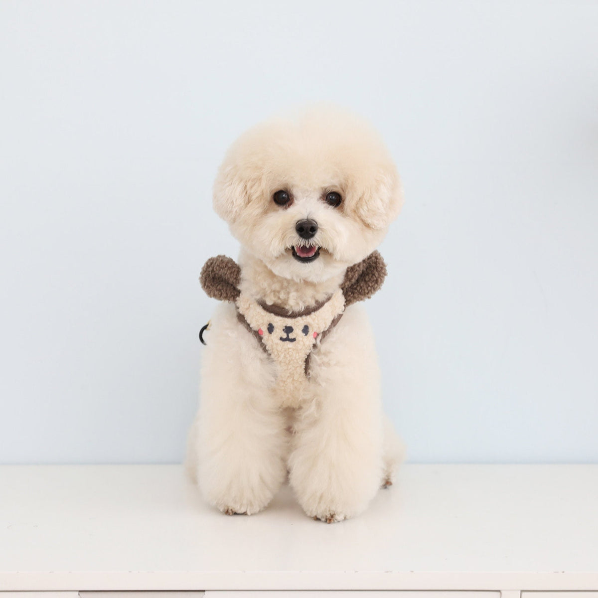 NKpup cream mesh fleece harness with a cute bear face design and brown ear accents