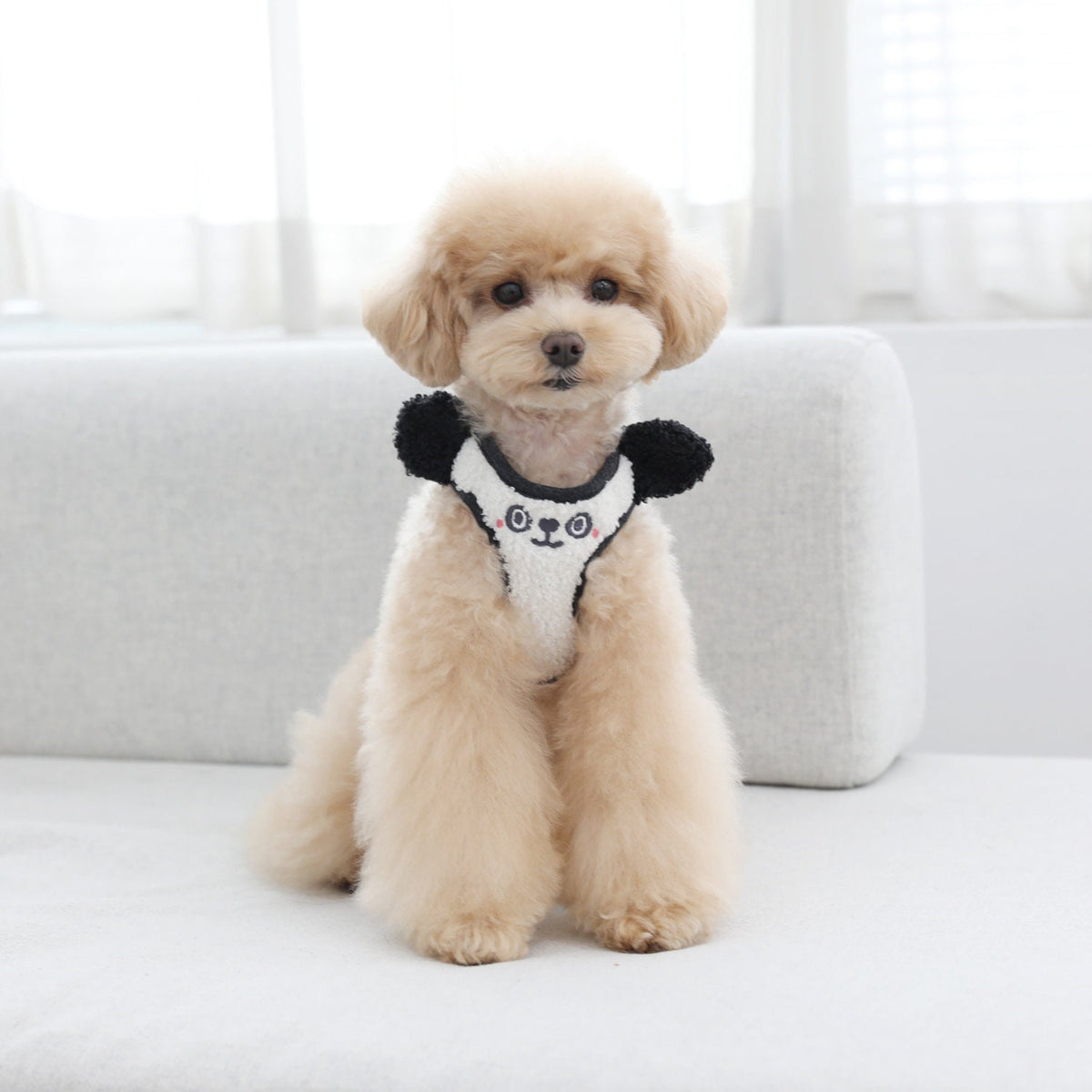 NKpup white mesh fleece harness with a panda face design and black accents