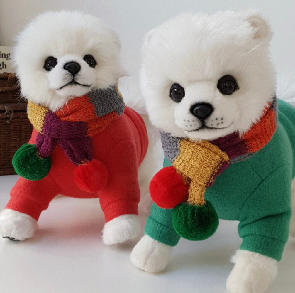 NKpup Christmas color block dog scarves in multi-color knit with pom-poms