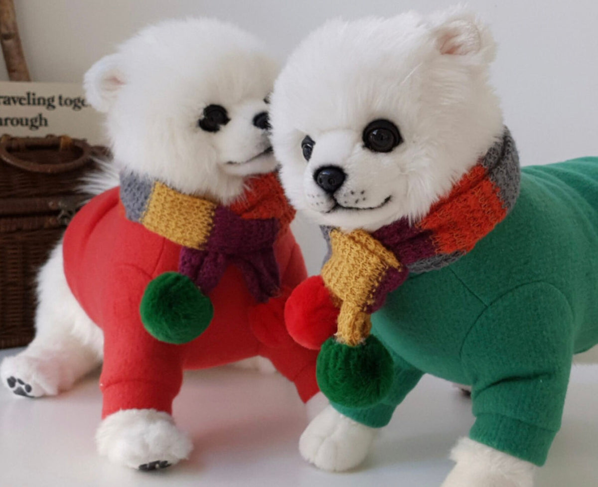 NKpup Christmas color block dog scarves in red and green with pom-pom accents