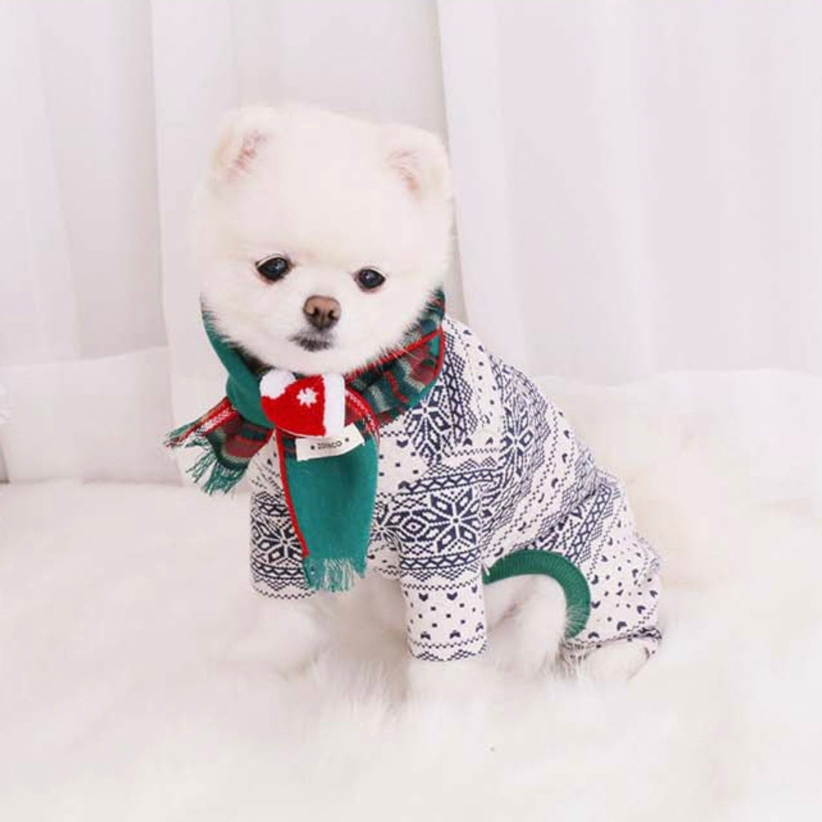 Christmas plaid dog scarf and patterned white dog outfit by NKpup
