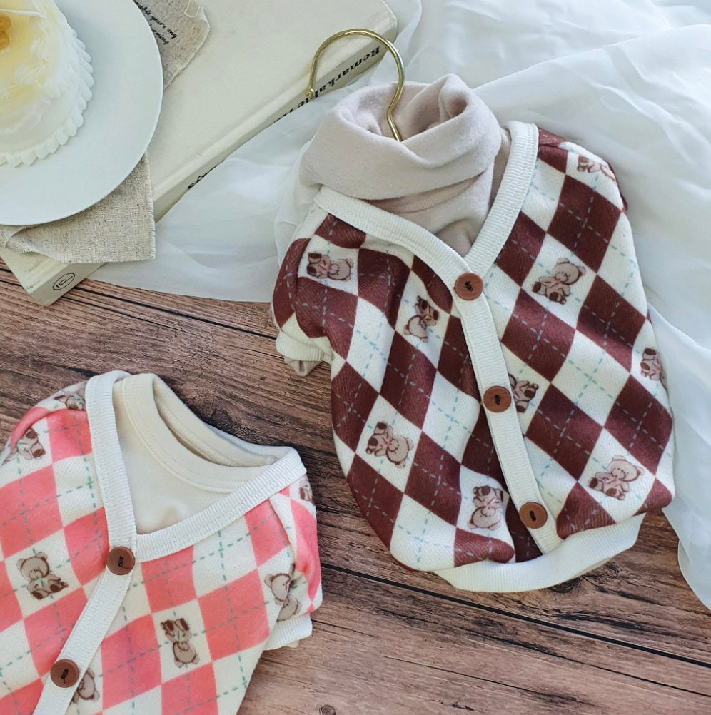 S-3XL, Teddy Bear Argyle Dog Cardigan