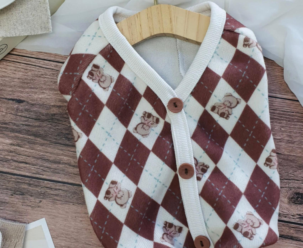 S-3XL, Teddy Bear Argyle Dog Cardigan