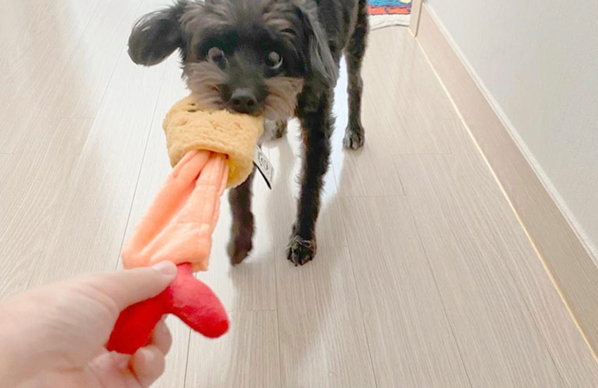 NKpup Snuffle Shrimp Tempura dog toy with orange and red plush details