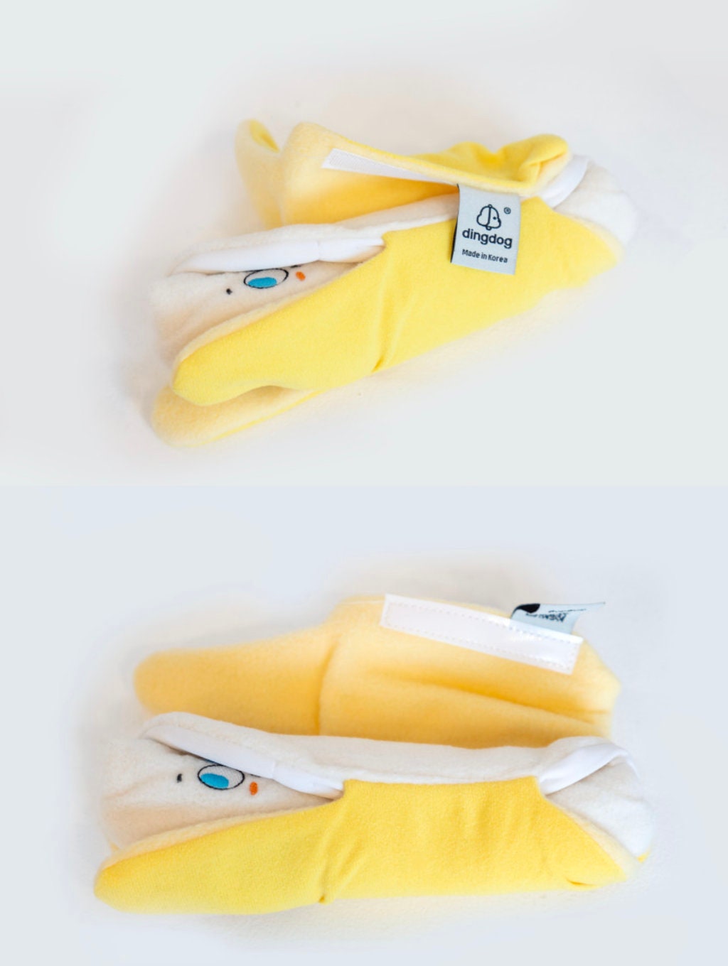 Yellow and white plush Snuffle Banana dog toy for interactive play