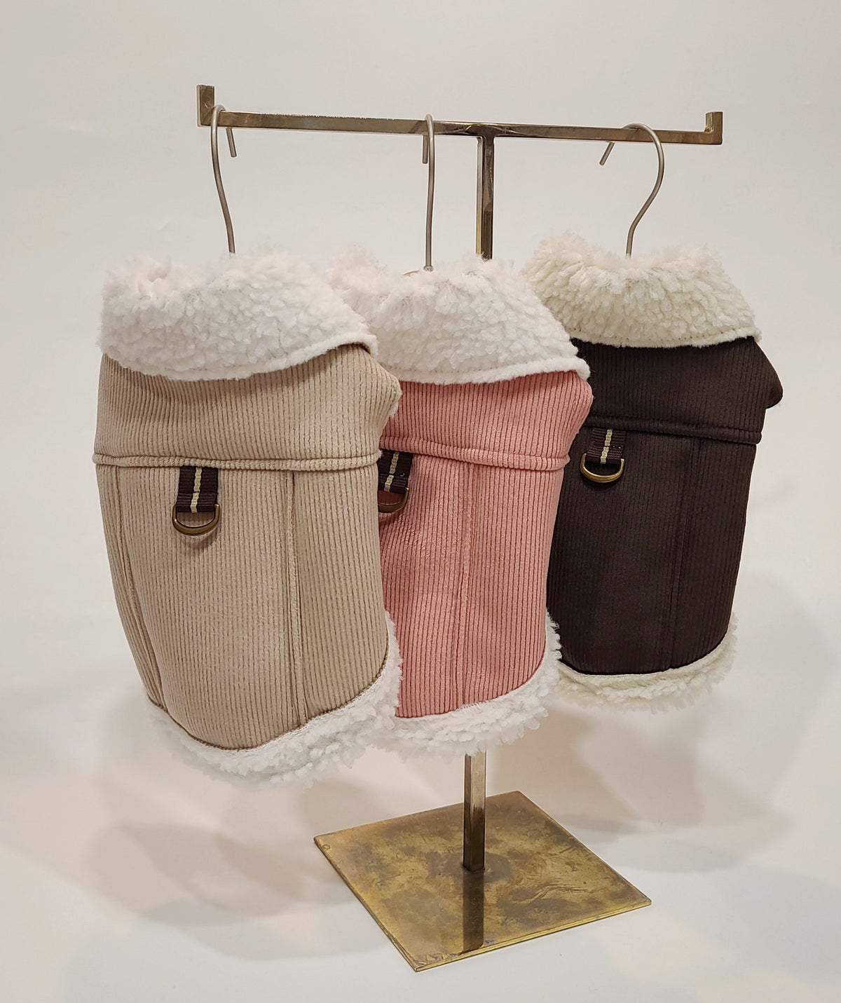 NKpup Corduroy Dog Harness Vest in beige, pink, and dark brown with white sherpa lining.