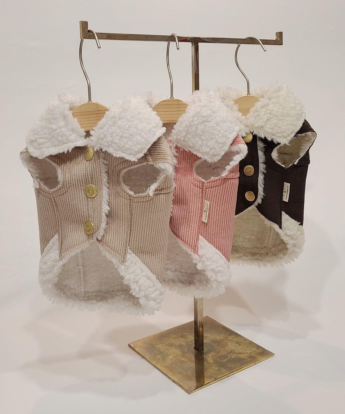 NKpup corduroy dog harness vests in beige, pink, and dark brown with white sherpa fleece trim