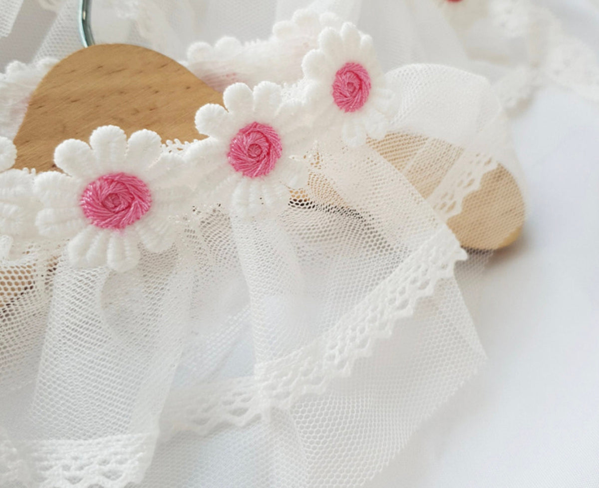White Daisy Lace Dog Cape with embroidered pink daisy floral details by NKpup