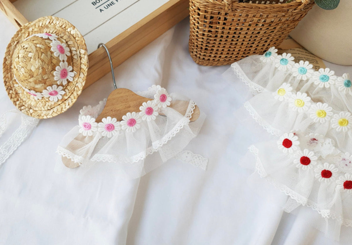 Daisy Lace Dog Cape in white tulle with colorful embroidered flower accents