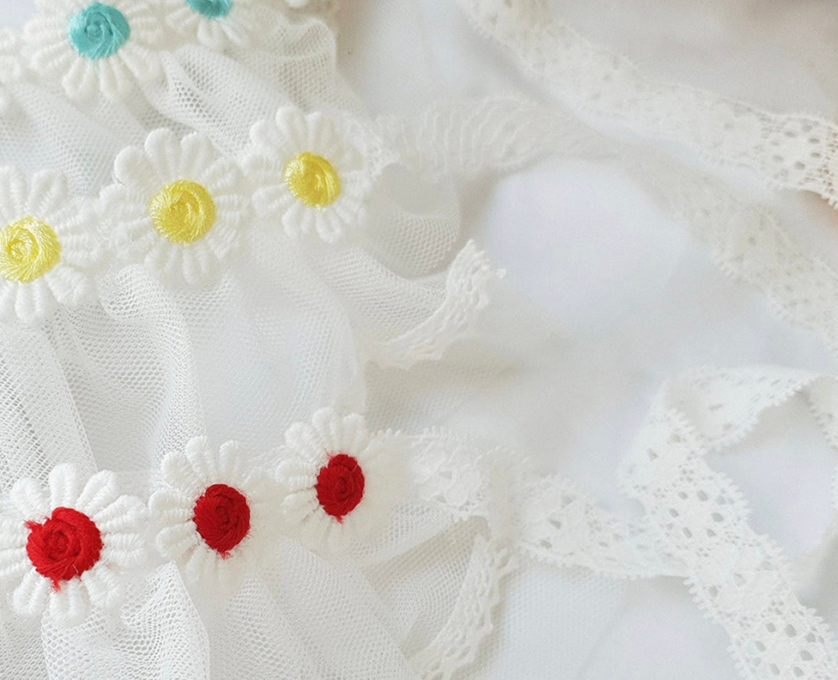 White lace Daisy Lace Dog Cape with embroidered colorful daisy flower details