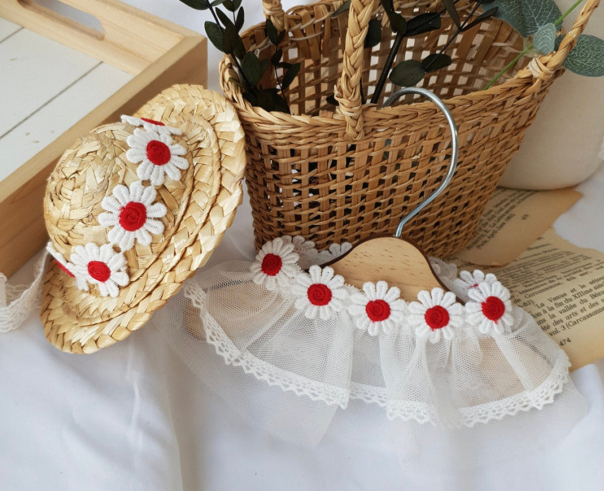 NKpup Daisy Lace Dog Cape with white tulle and red and white daisy floral accents