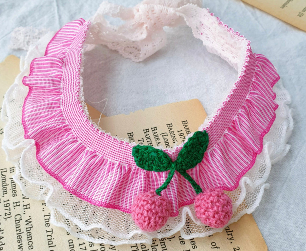 NKpup Cherry Lace Dog Cape in pink striped fabric with white lace trim and crochet cherry details
