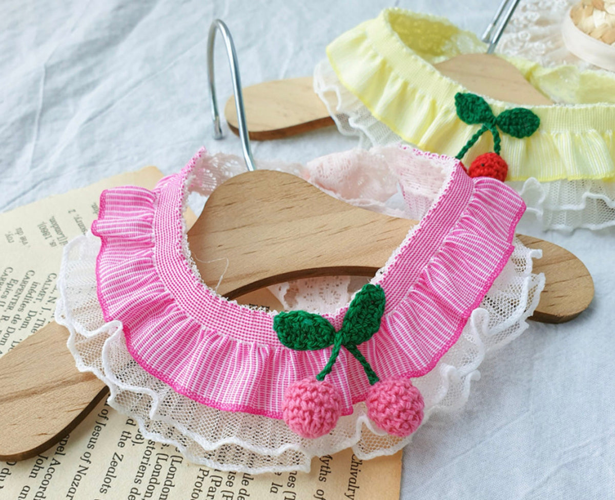 Pink Cherry Lace Dog Cape with white lace trim and crochet cherry embellishments