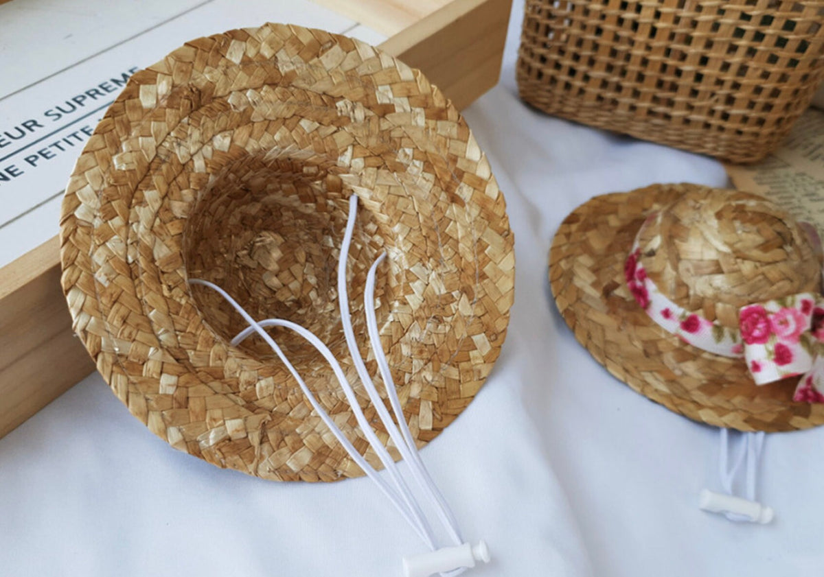 NKpup straw ribbon dog hat with floral pattern design