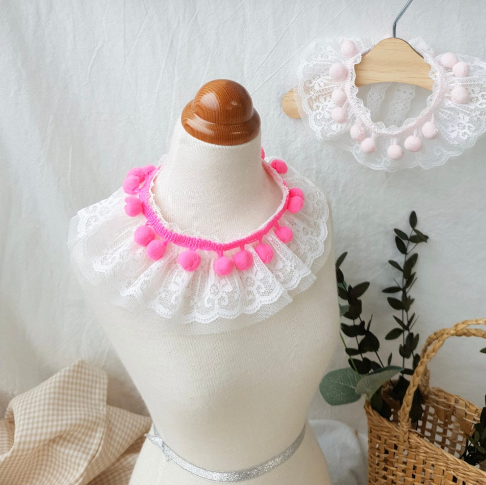 NKpup white lace dog cape decorated with pink pompoms