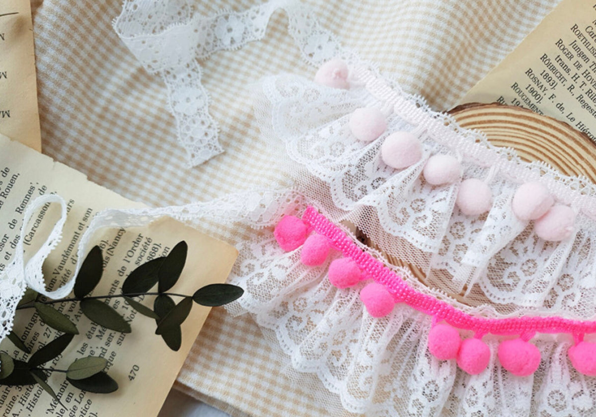 NKpup Lace PomPom Dog Cape with white lace and pink pompom trim
