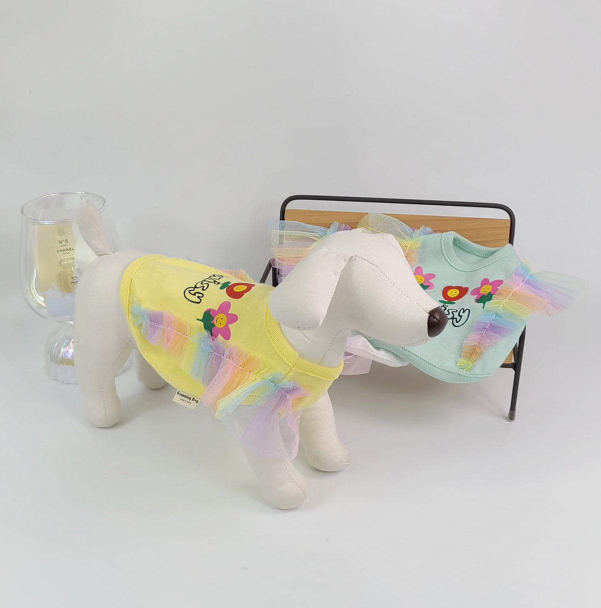 NKpup Rainbow Frilled Crop Top dog shirt in yellow and mint green with floral embroidery and tulle ruffles.