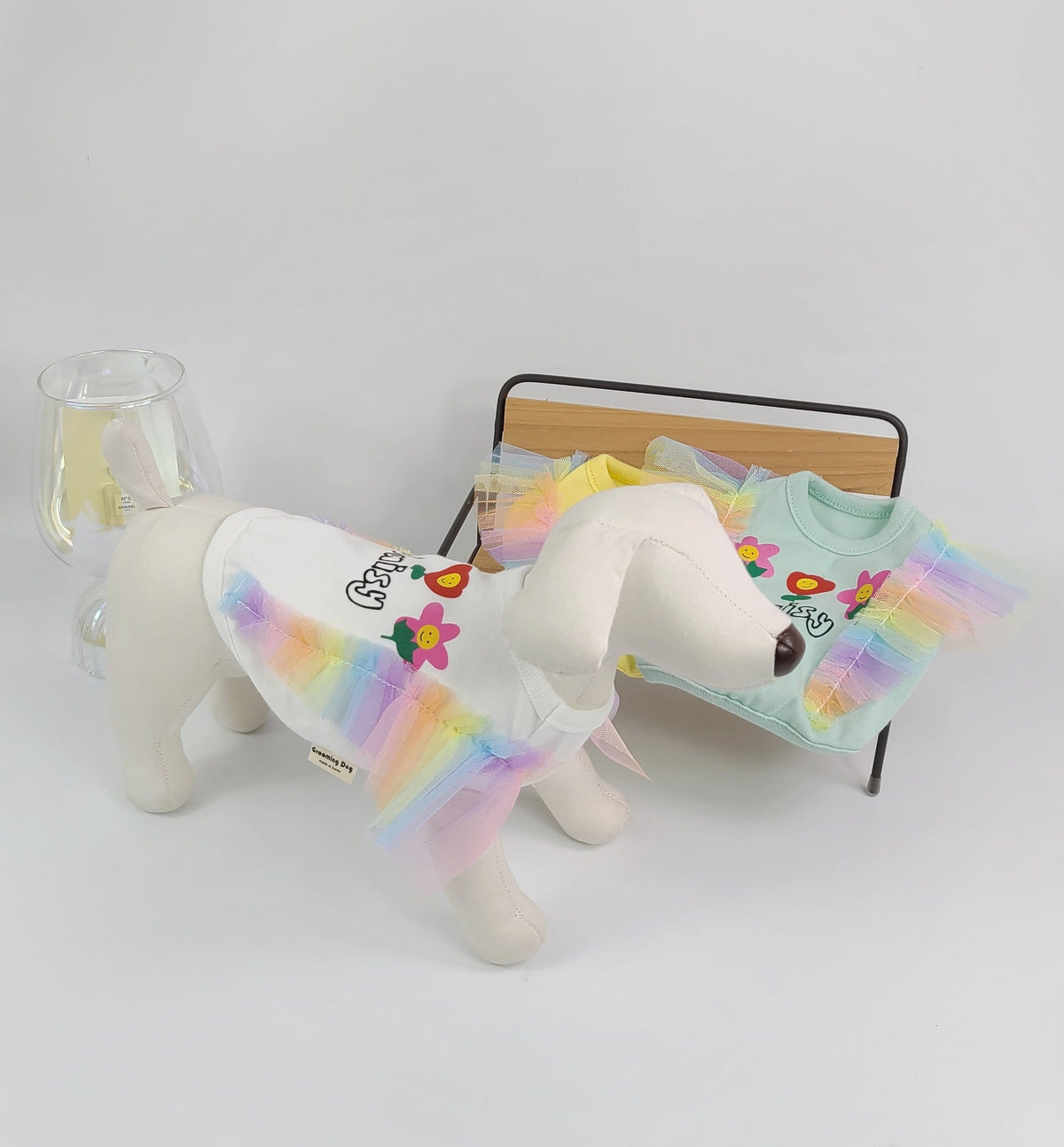 NKpup Rainbow Frilled Crop Top dog shirt with colorful pastel ruffles and floral embroidery