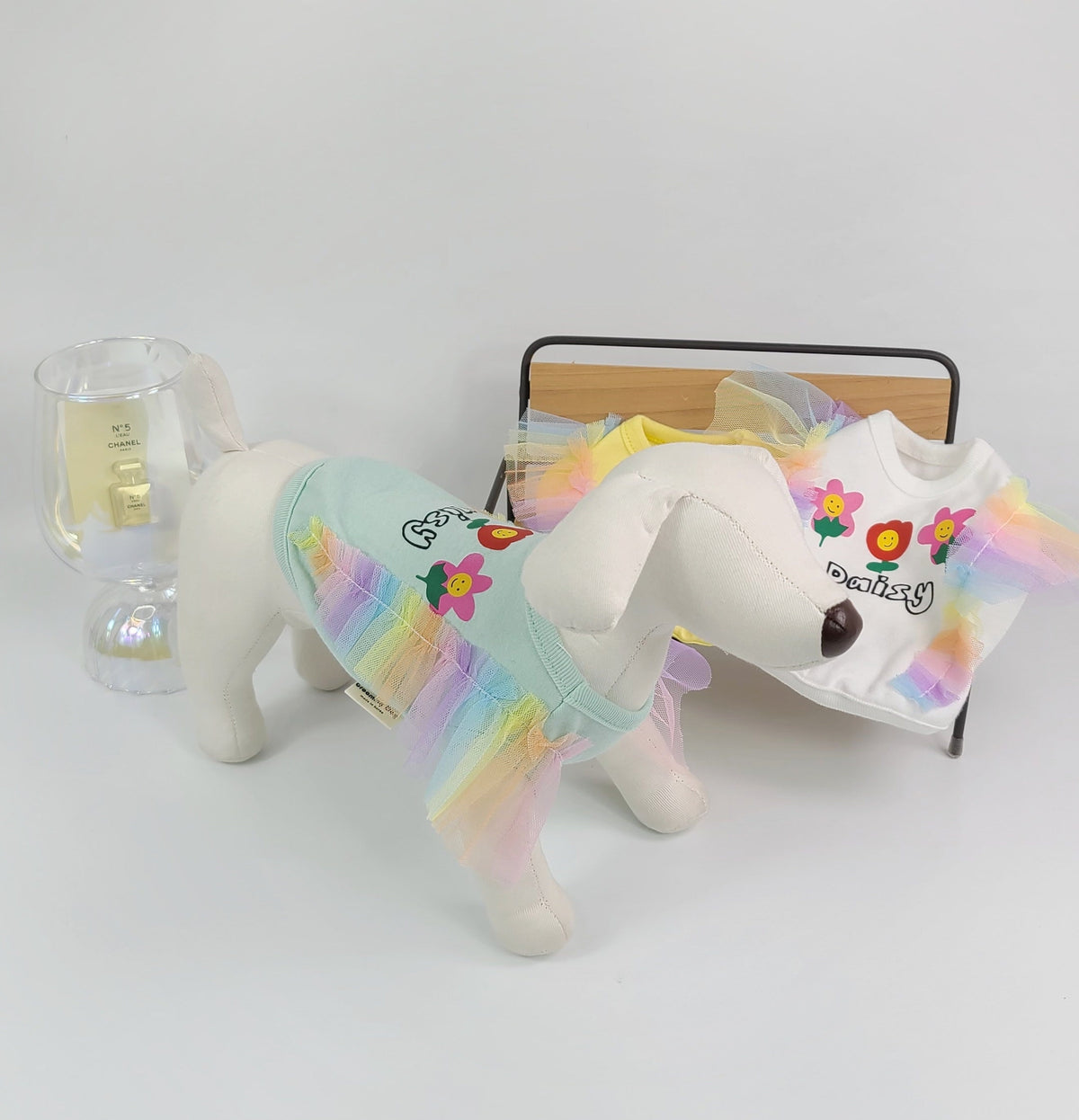 NKpup Rainbow Frilled Crop Top dog shirt with colorful tulle ruffles and flower embroidery