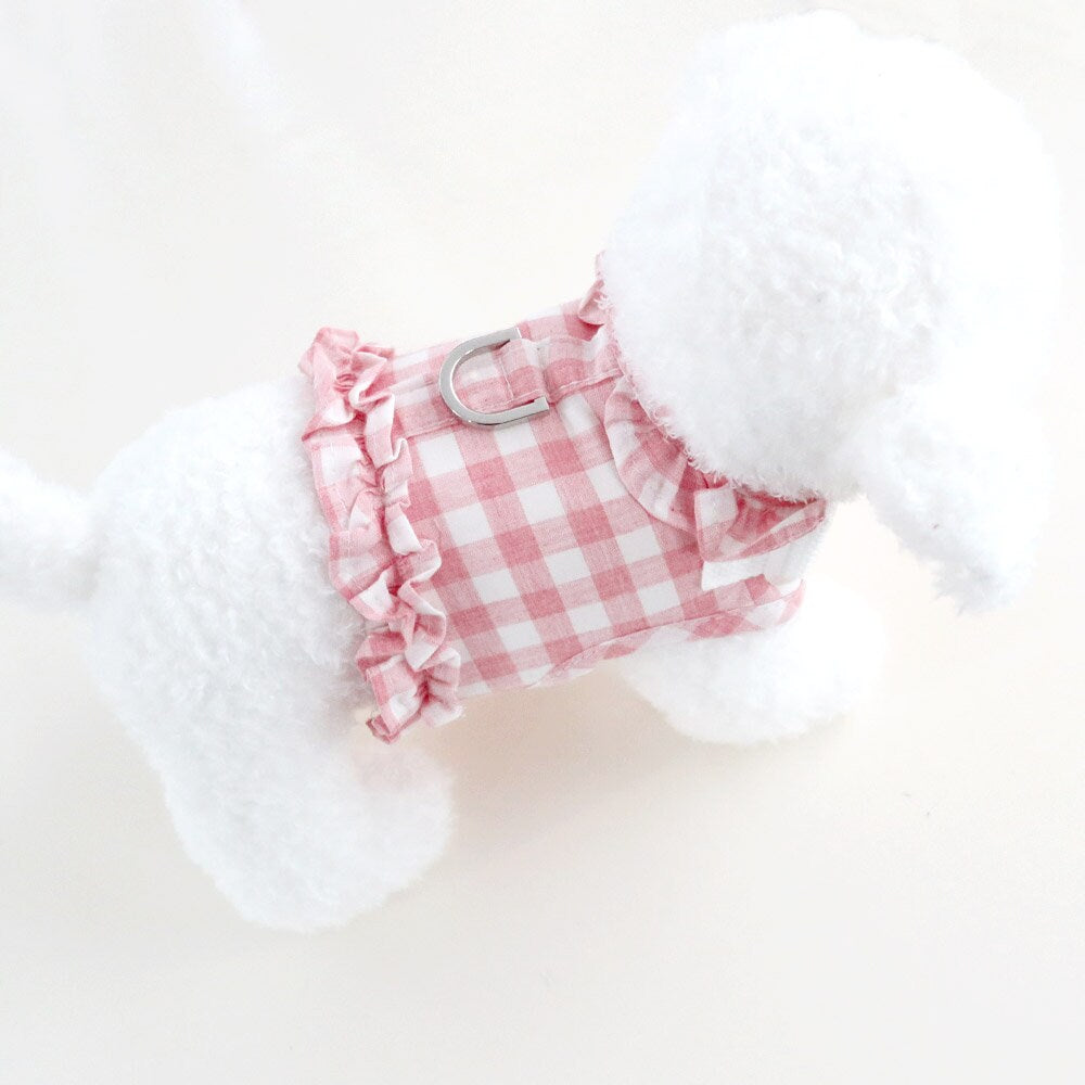 NKpup pink and white gingham frilled dog harness