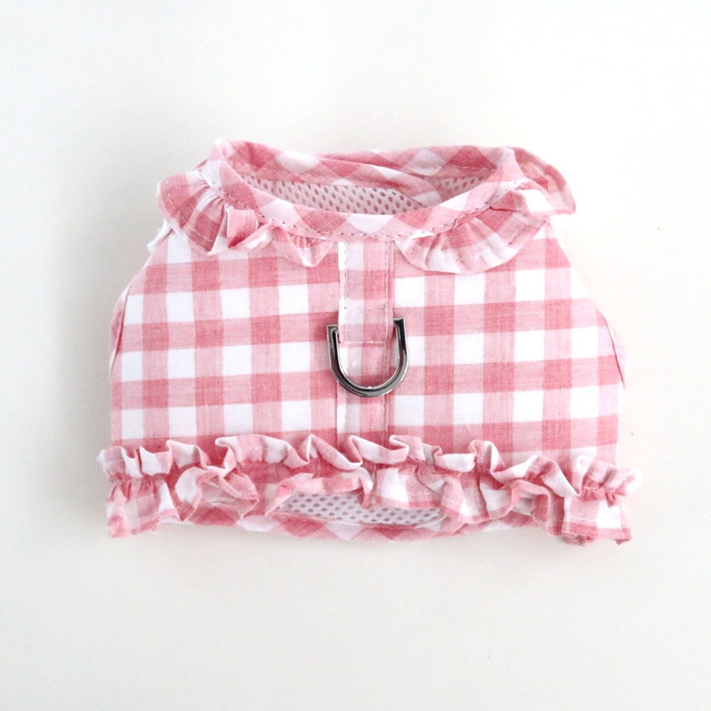 NKpup pink and white gingham frilled dog harness with ruffle trim and metal D-ring