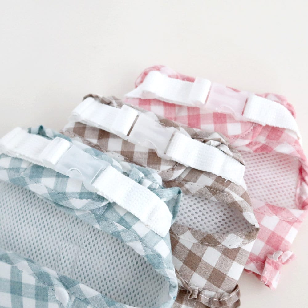 NKpup Gingham Frilled Harnesses in light blue, beige, and pink checkered patterns.