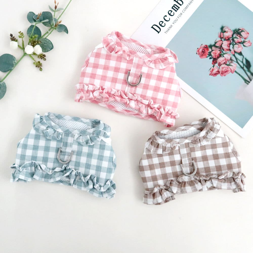 NKpup Gingham Frilled Harnesses in pink, blue, and brown check patterns.