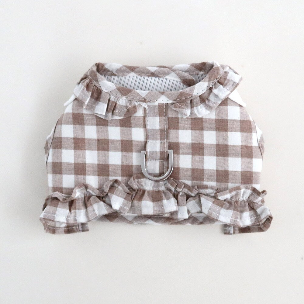 NKpup brown and white gingham frilled harness with ruffle trim