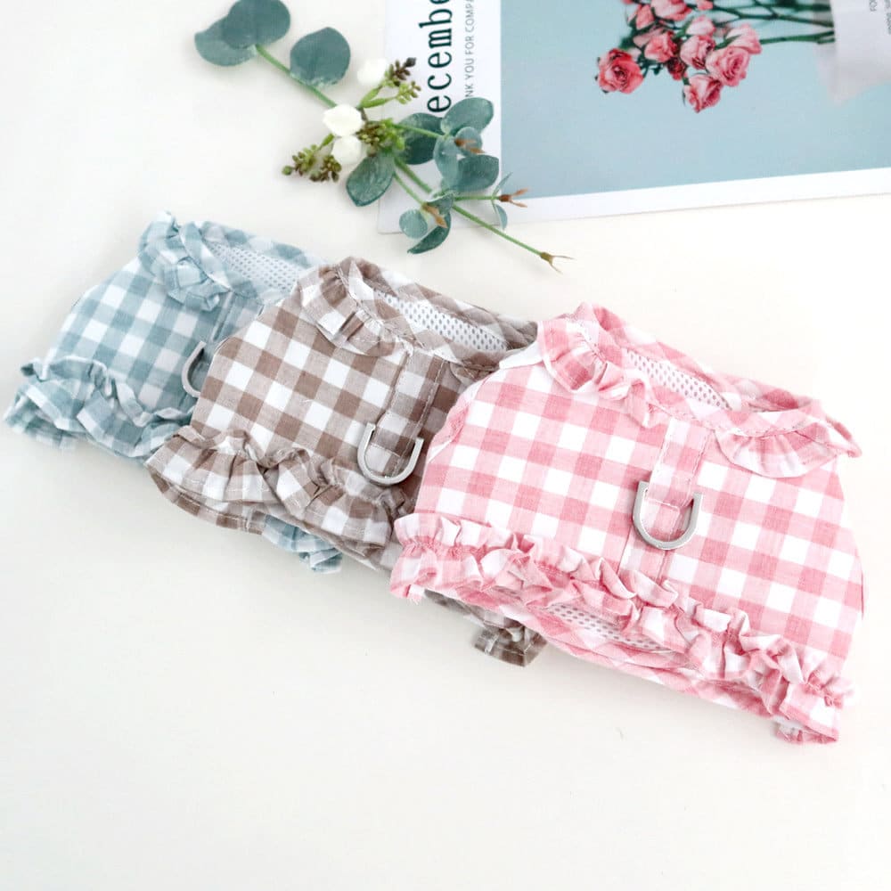 NKpup Gingham Frilled Harnesses in blue, brown, and pink gingham patterns with ruffle details.