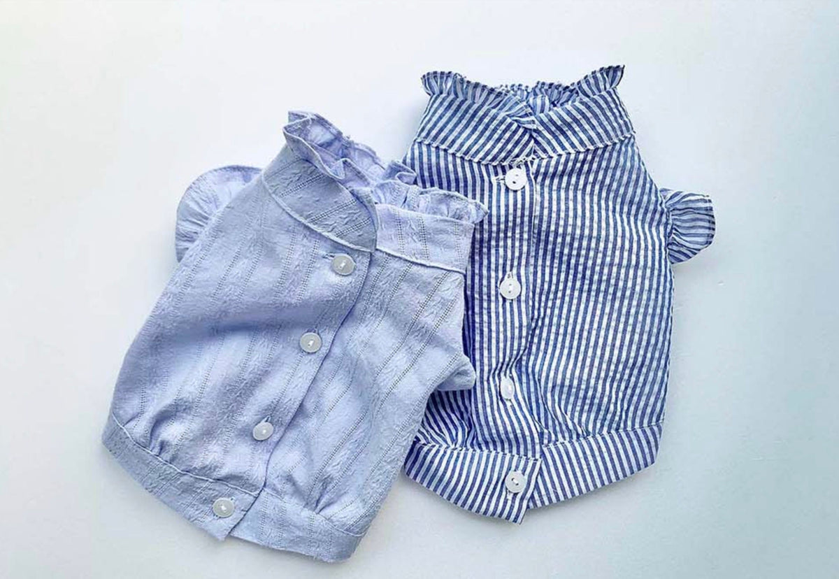 NKpup frilled blouses for dogs in light blue solid and blue and white striped patterns