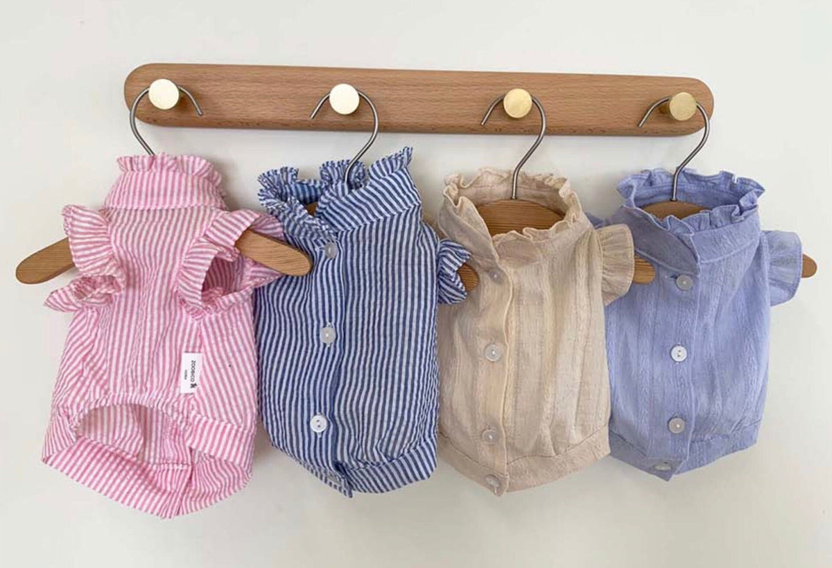 NKpup frilled blouses for dogs in pink, blue, beige, and light purple stripes and solids