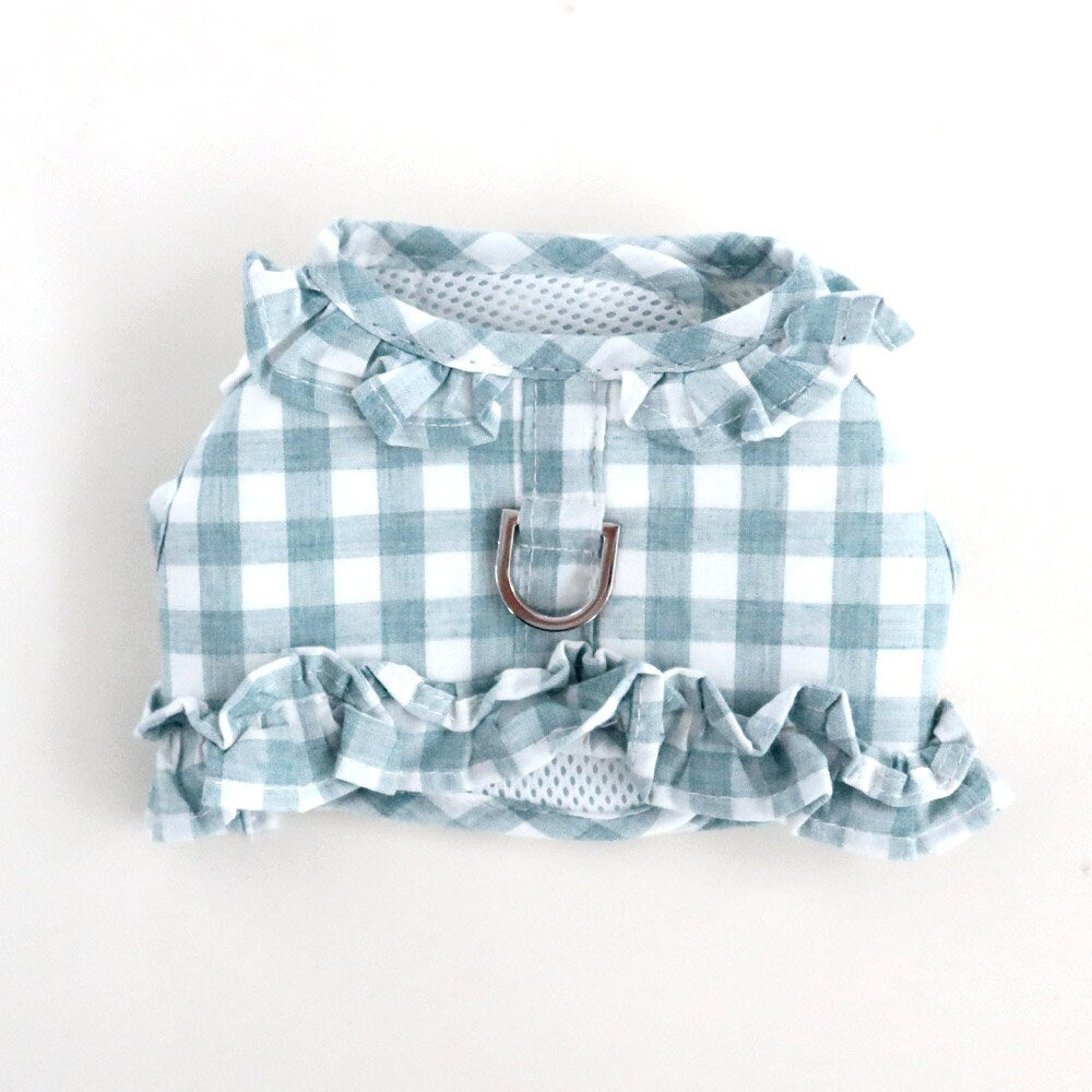 NKpup light blue and white gingham frilled dog harness with ruffles and a D-ring