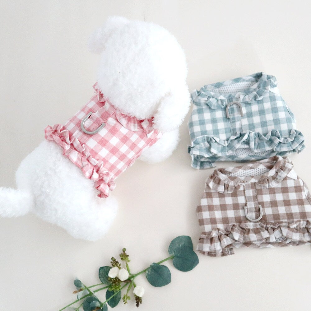 NKpup Gingham Frilled Harnesses in pink, blue, and brown check patterns with ruffled edges.