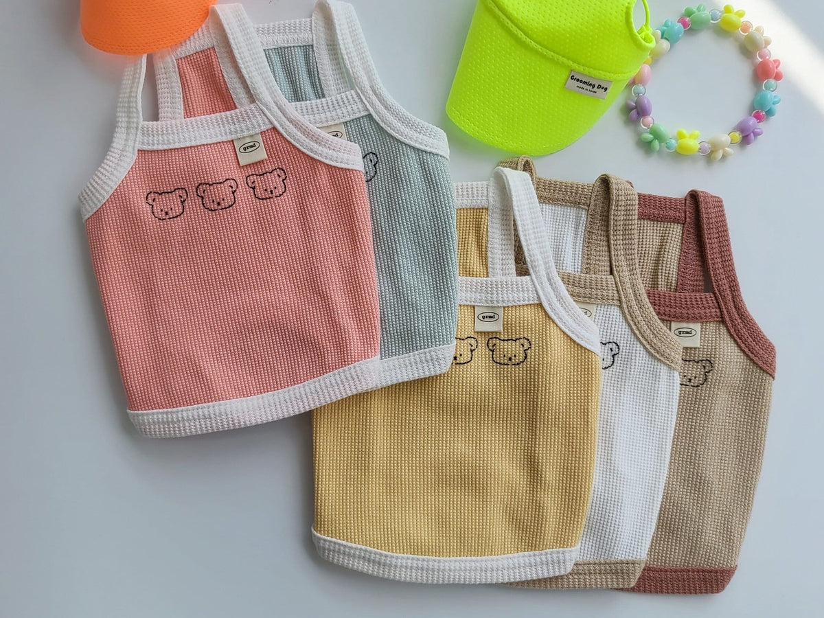 NKpup Waffle Bear Crop Top dog shirts in coral, grey, yellow, white, and beige waffle knit fabrics.
