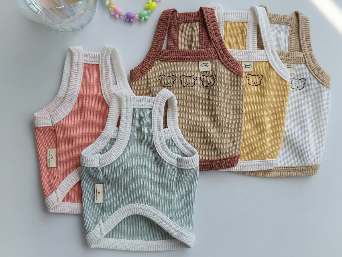 NKpup Waffle Bear Crop Tops for dogs in coral, sage green, brown, yellow, and white.