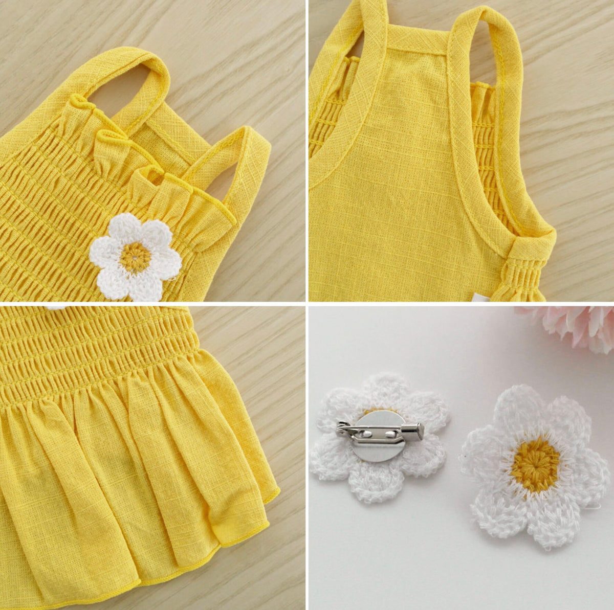 Yellow linen daisy smocked dog dress with white crochet flower details