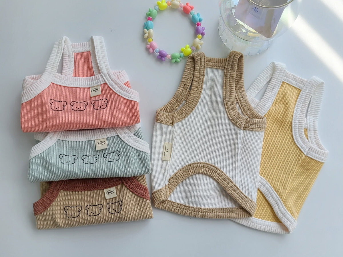 NKpup Waffle Bear Crop Tops for dogs in pink, mint, brown, white, and yellow colors