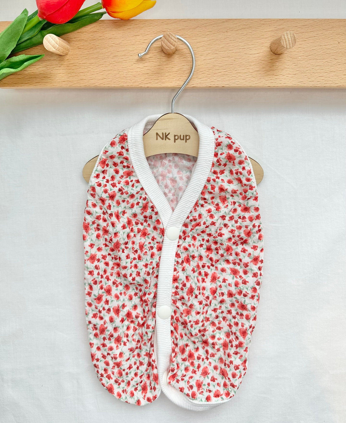 NKpup mini floral dog vest with red flower pattern and white button closure