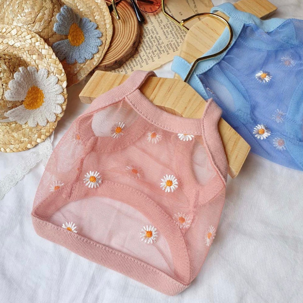 NKpup pastel pink and blue mesh dog crop tops with white daisy embroidery