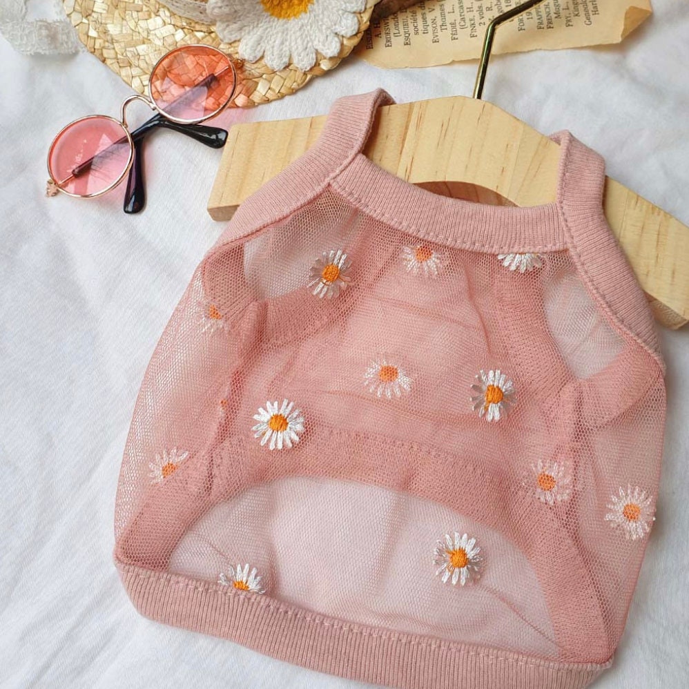 NKpup pastel pink mesh dog crop top with white daisy floral embroidery