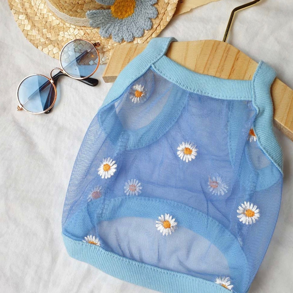 NKpup pastel blue mesh dog crop top with white daisy floral patterns
