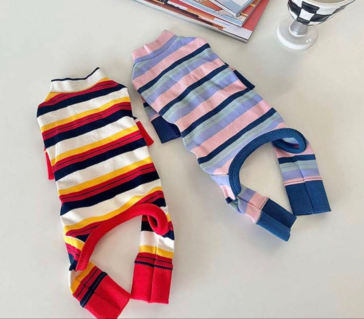 NKpup Multi Stripe Dog Overalls in red and blue striped patterns