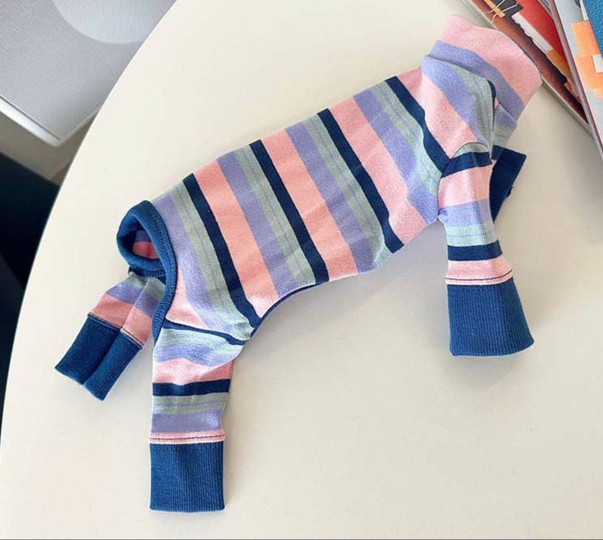 NKpup Multi Stripe Dog Overall in pink, blue, and purple stripes