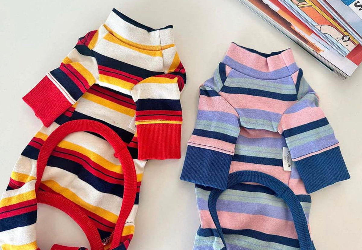 NKpup Multi Stripe Dog Overalls in colorful red, yellow, and pastel blue patterns.
